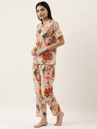 SANSKRUTIHOMES Women Beige Pure Cotton Floral Print Pyjama Set
