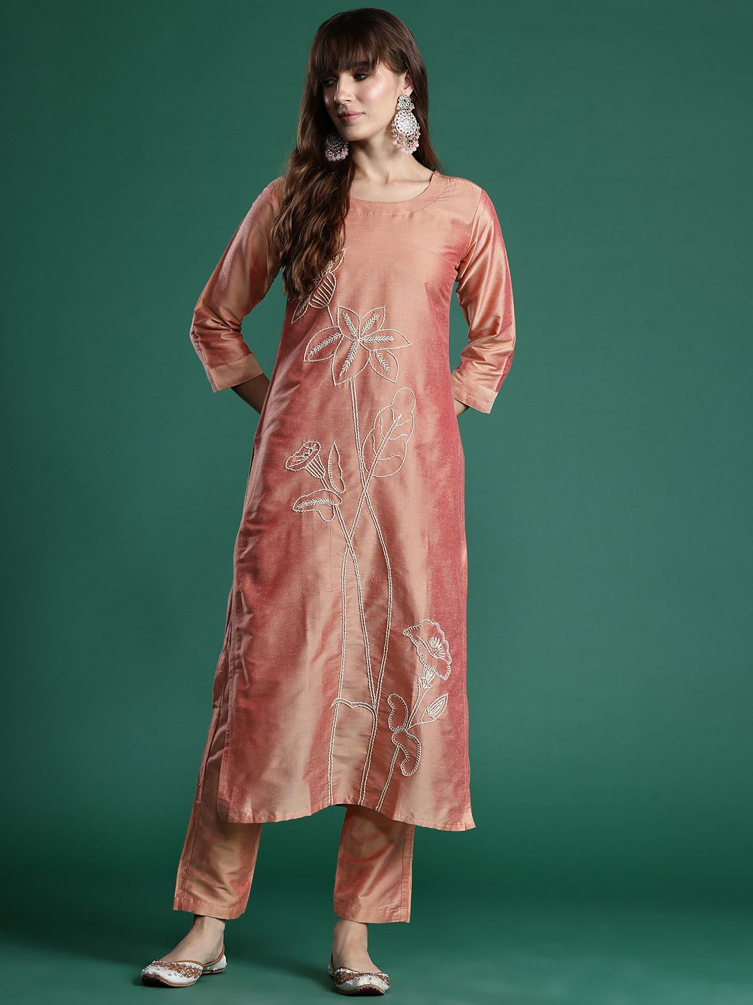 Indo Era Floral Embroidered Thread Work Kurta with Trousers