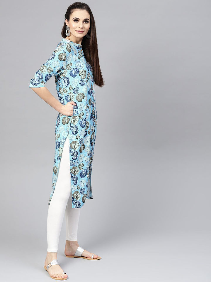 SOJANYA Wanita Biru & Kelabu Floral Printed Kurta Lurus