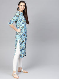 SOJANYA Wanita Biru & Kelabu Floral Printed Kurta Lurus