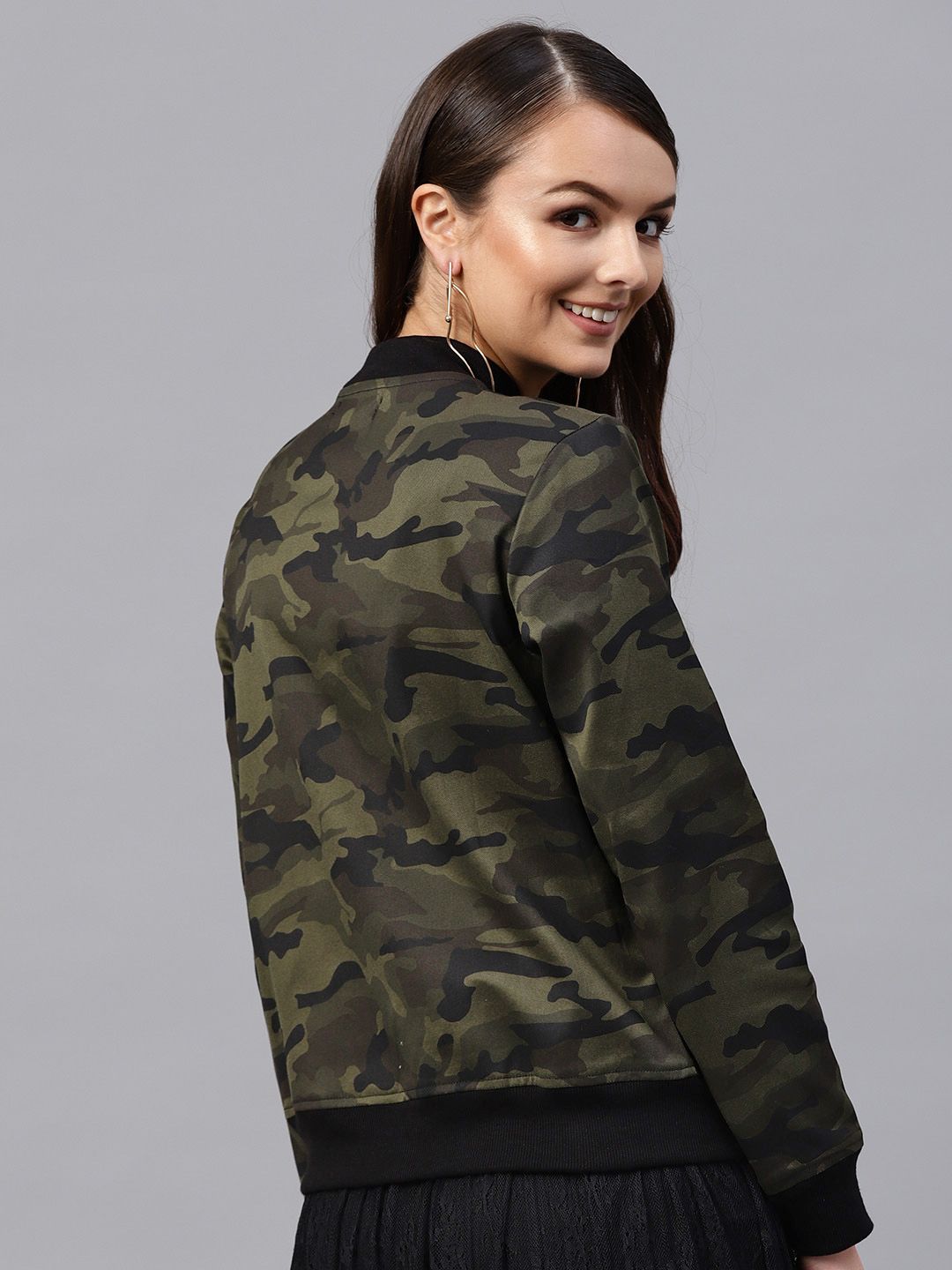 SASSAFRAS Women Olive Green & Black Printed Bomber Jacket