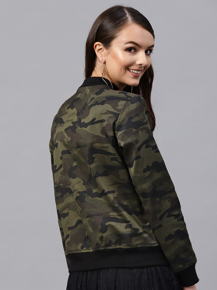 SASSAFRAS Women Olive Green & Black Printed Bomber Jacket