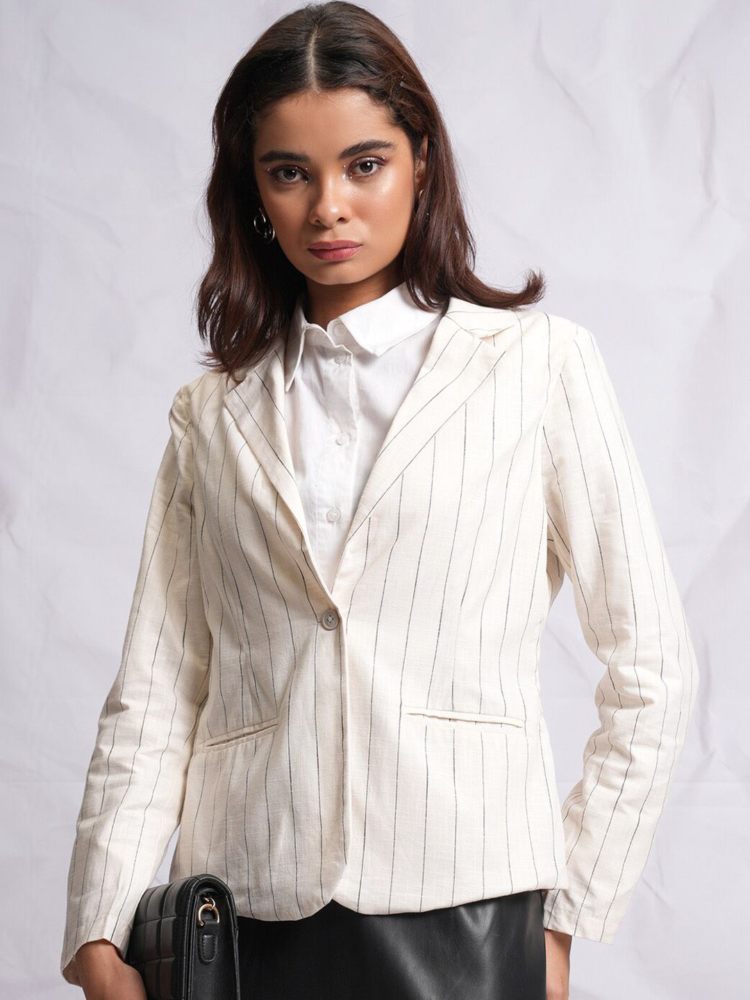 CHIC BY TOKYO TALKIES White & Black Striped Single-Breasted Blazer
