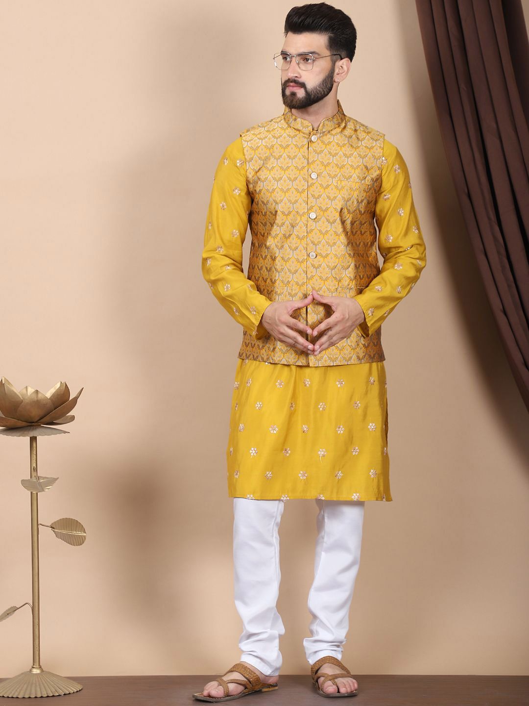 Anouk Mustard-Yellow Floral Embroidered Cotton Silk Kurta with Churidar & Nehru Jacket
