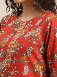 Varanga Women Red & Orange Floral Printed Straight Kurta
