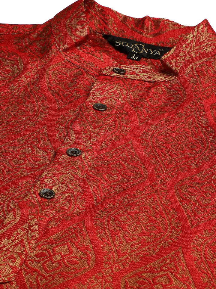 SOJANYA Set Kurta Motif Etnik Merah Lelaki Dengan Jaket Nehru