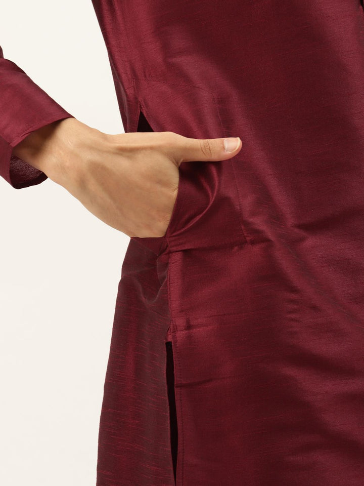 SOJANYA Men Maroon Thread Work Kurta with Churidar & Nehru Jacket