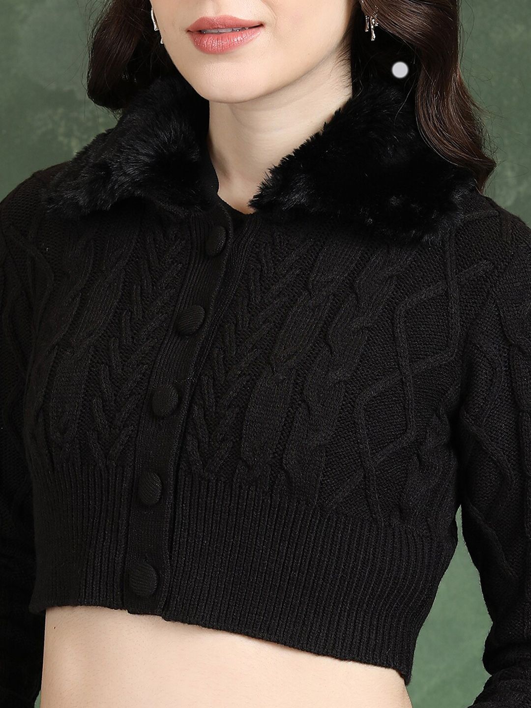 Tokyo Talkies Black Cable Knit Lapel Collar Acrylic Crop Cardigan