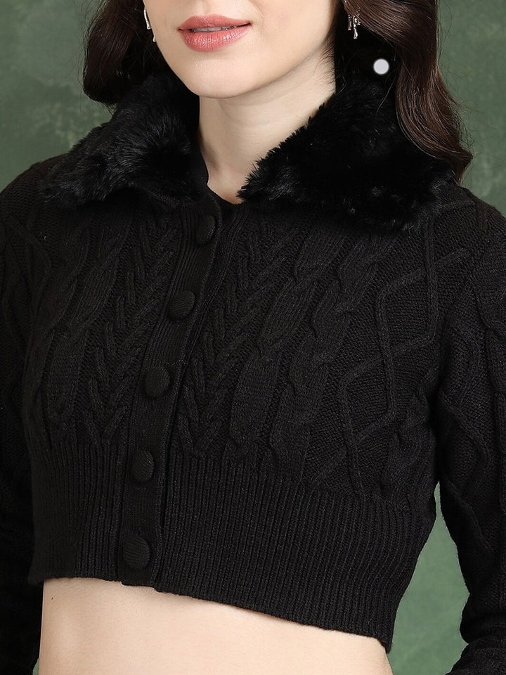 Tokyo Talkies Black Cable Knit Lapel Collar Acrylic Crop Cardigan