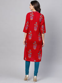SOJANYA Women Red & Blue Foil Print Straight Kurta