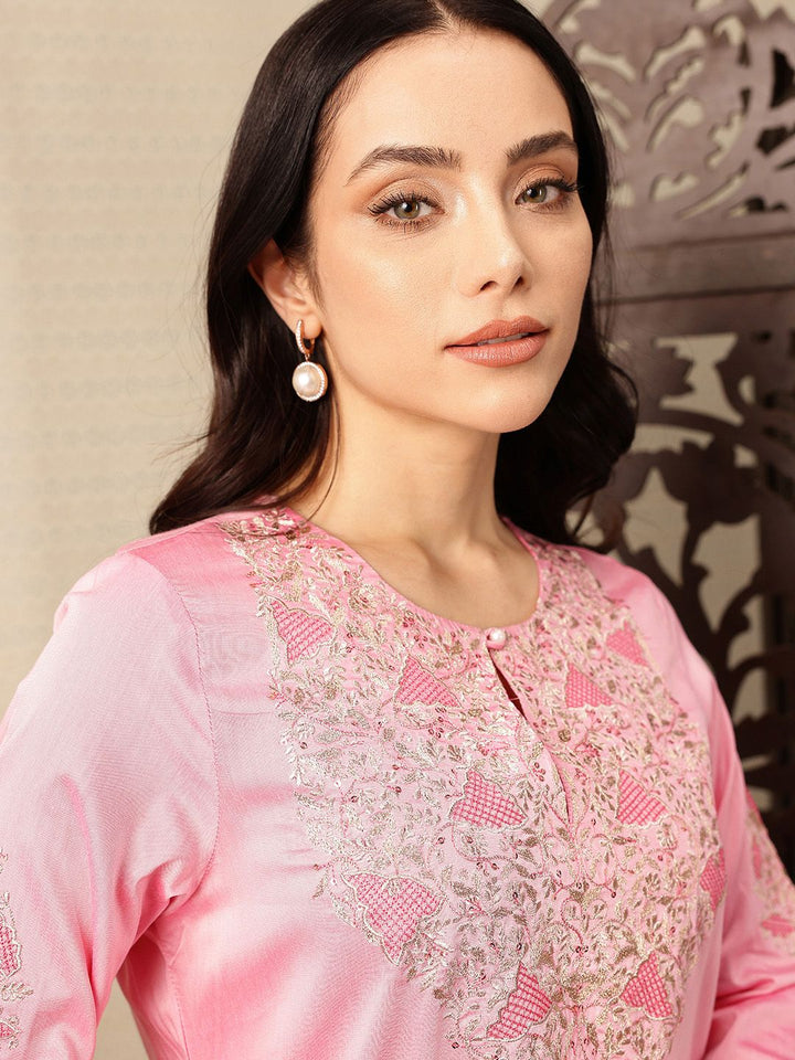 House of Pataudi Floral Yoke Design Keyhole Neck Sequinned Jashn Kurta