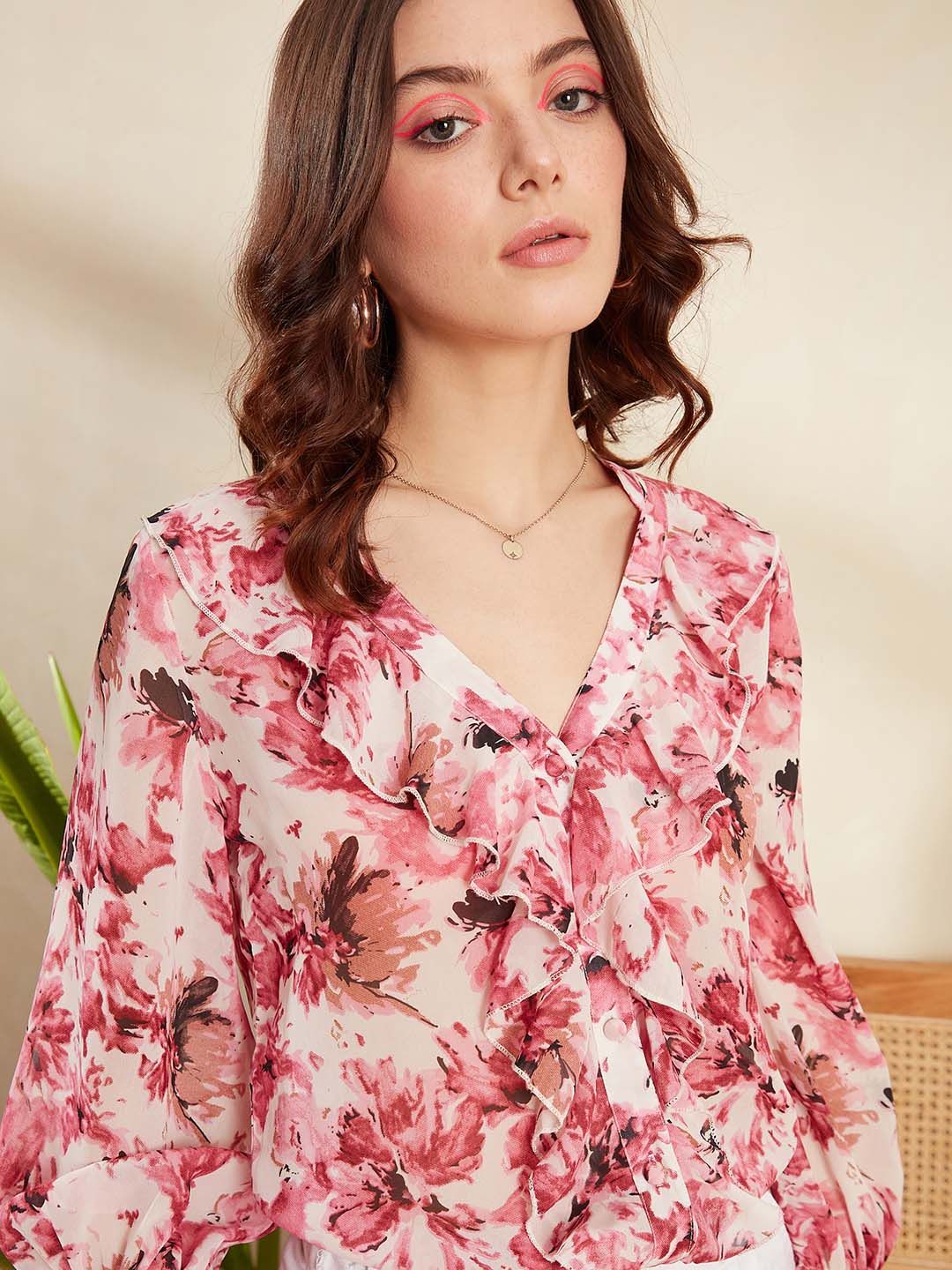 Berrylush Pretty Pink Floral Feminine Frills Top