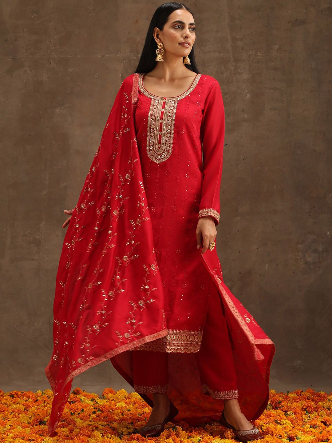 Libas Red & Gold-Toned Ethnic Motifs Embroidered Sequined Kurta with Trousers & Dupatta