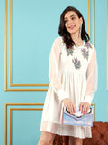 SASSAFRAS White Floral Embroidered A-Line Dress