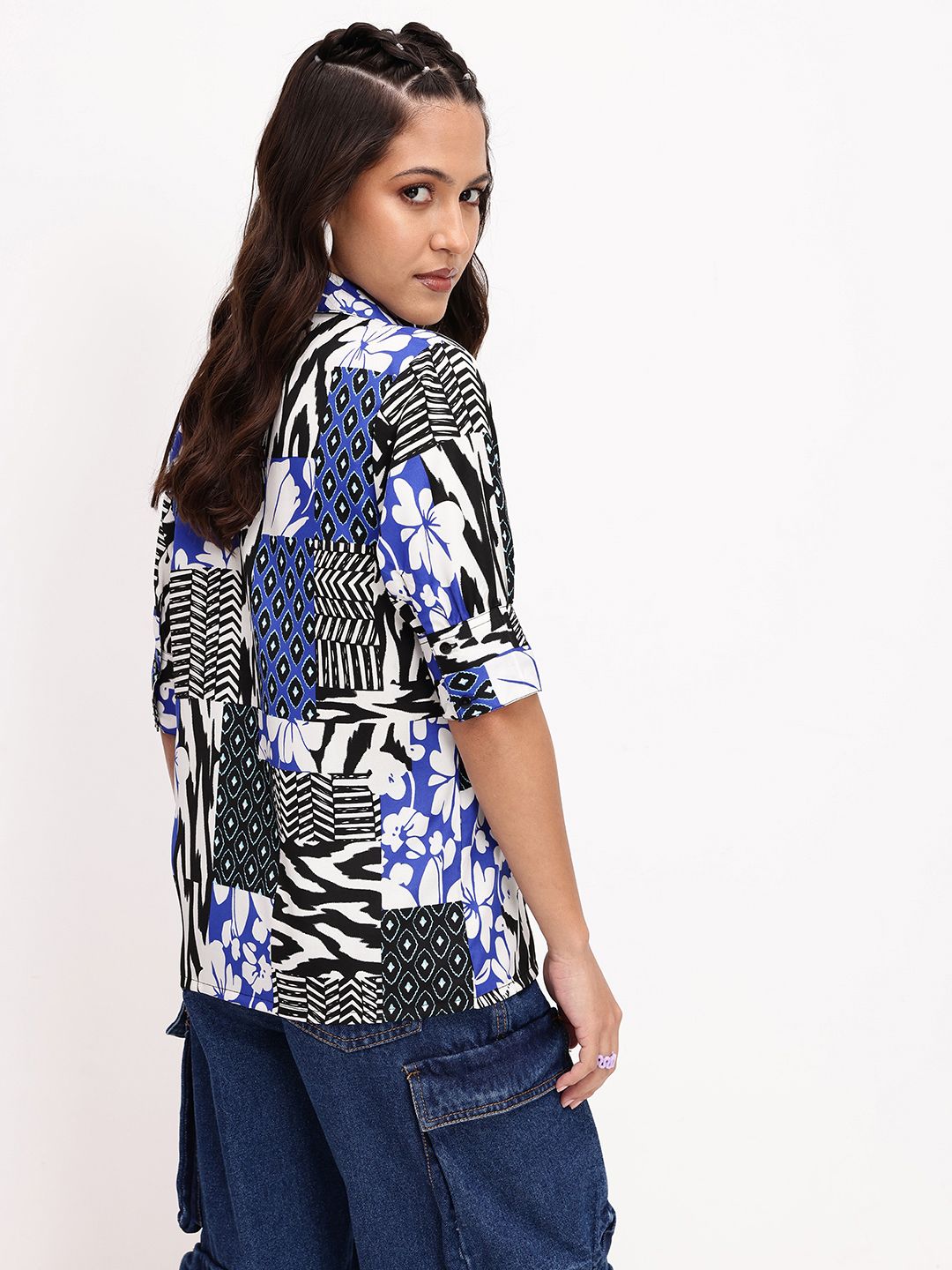 DressBerry Contrast Aesthetic Floral And Geometric Print Shirt