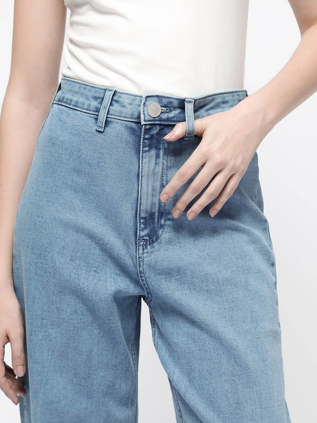 RAREISM Women Comfort Wide Leg High-Rise Clean Look Cotton Jeans