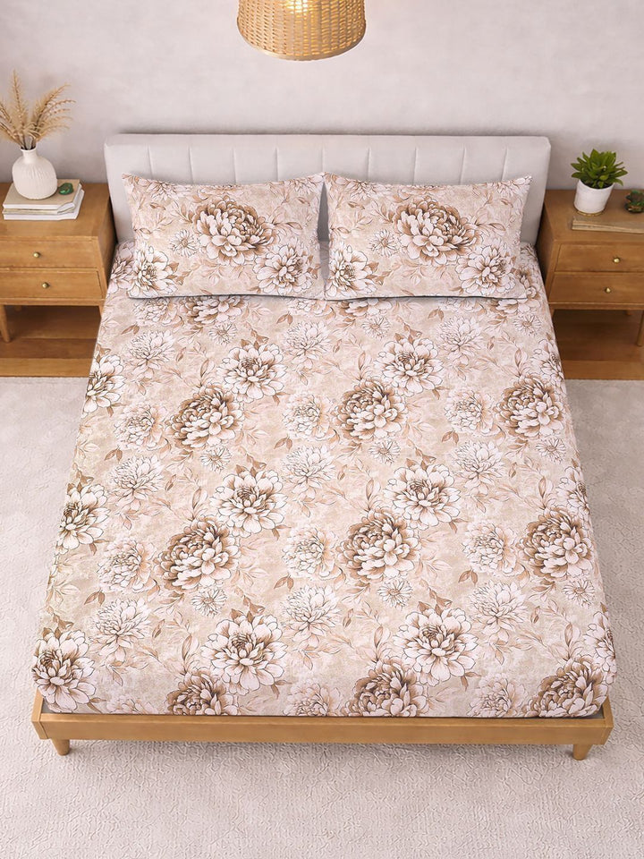 KLOTTHE Beige Floral  300 TC Super King Fine Bedsheets