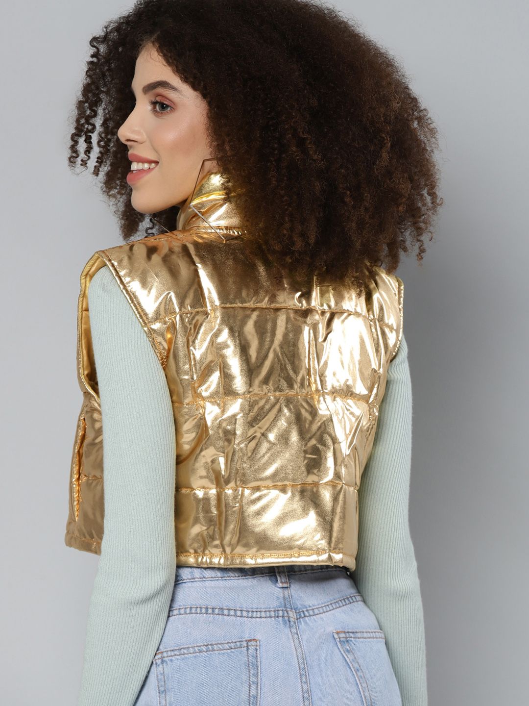 SASSAFRAS Women Gold-Toned Crop Padded Jacket