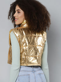 SASSAFRAS Women Gold-Toned Crop Padded Jacket