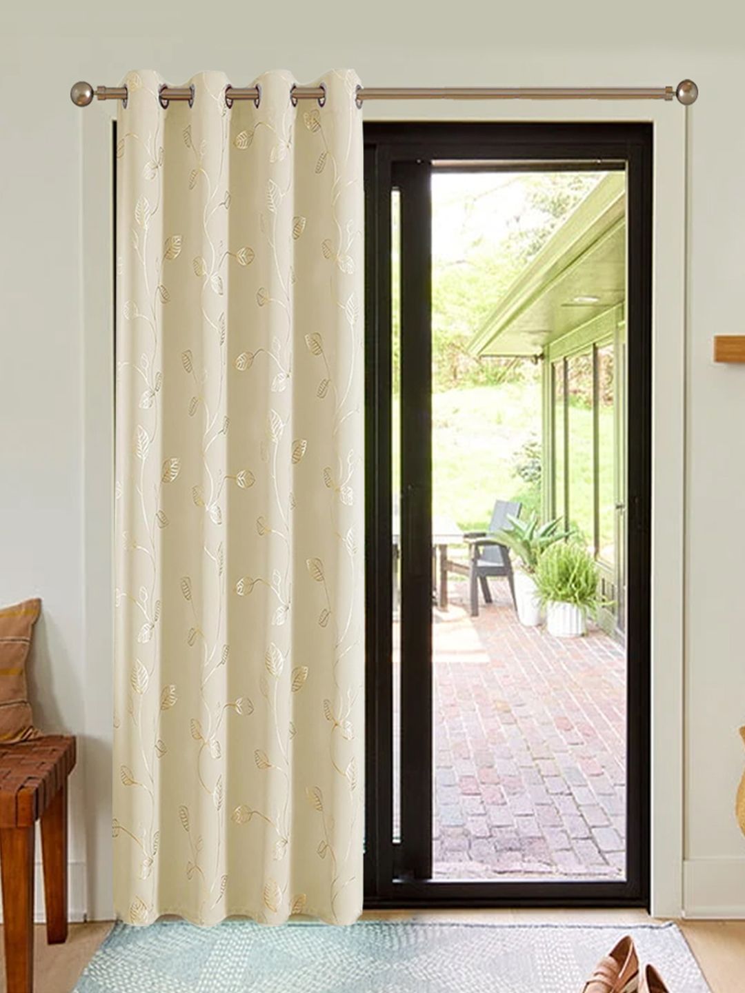 URBAN SPACE Beige Floral Printed Black Out Window Curtain