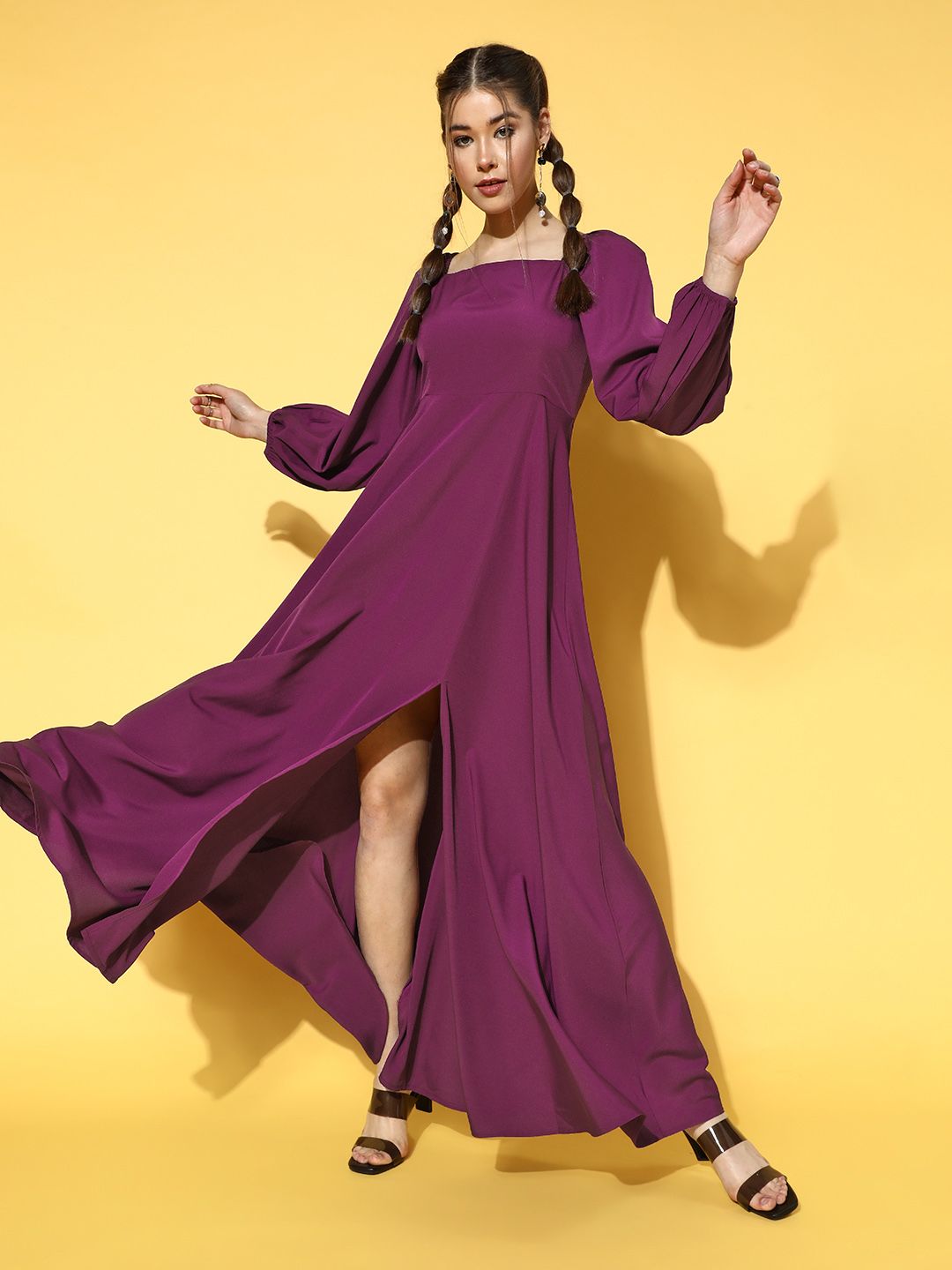 Berrylush Women Charming Purple Solid Puff Sleeves Dress