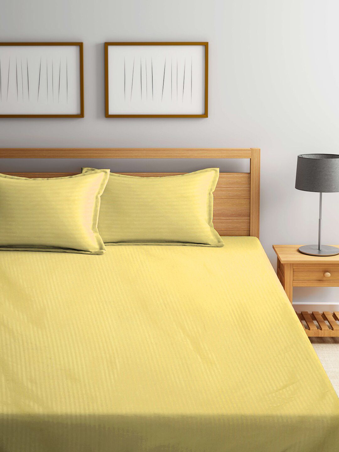 KLOTTHE Cadar Katil King 300TC Berjalur Kuning Dengan 2 Sarung Bantal