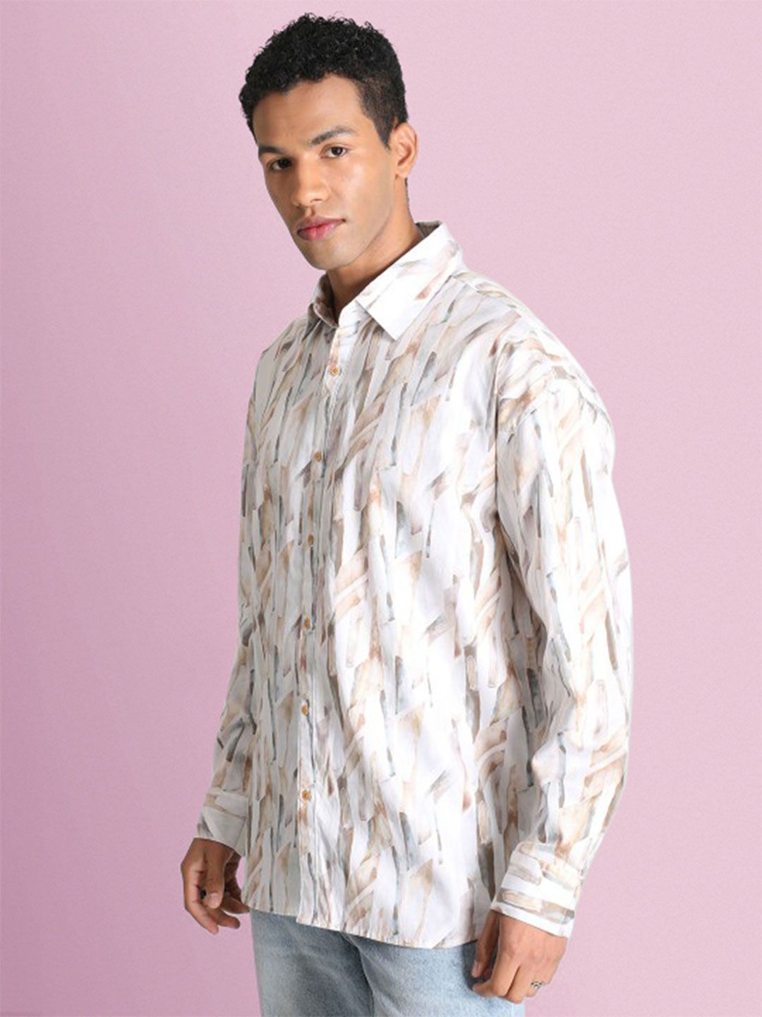 Bene Kleed Men Classic Spread Collar Abstract Printed Cotton Oversized Casual Shirt