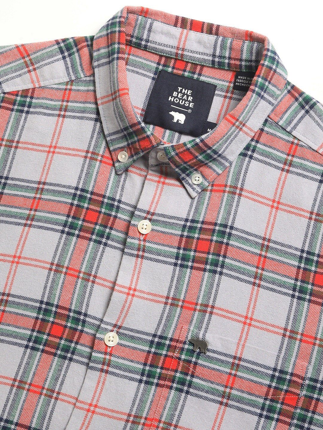 THE BEAR HOUSE Slim Fit Button-Down Collar Tartan Checked Pure Cotton Casual Shirt