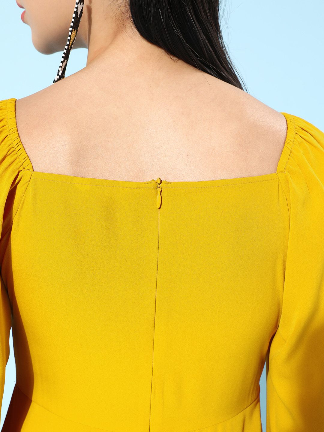 Berrylush Bright Yellow Solid Puff Sleeves Dress