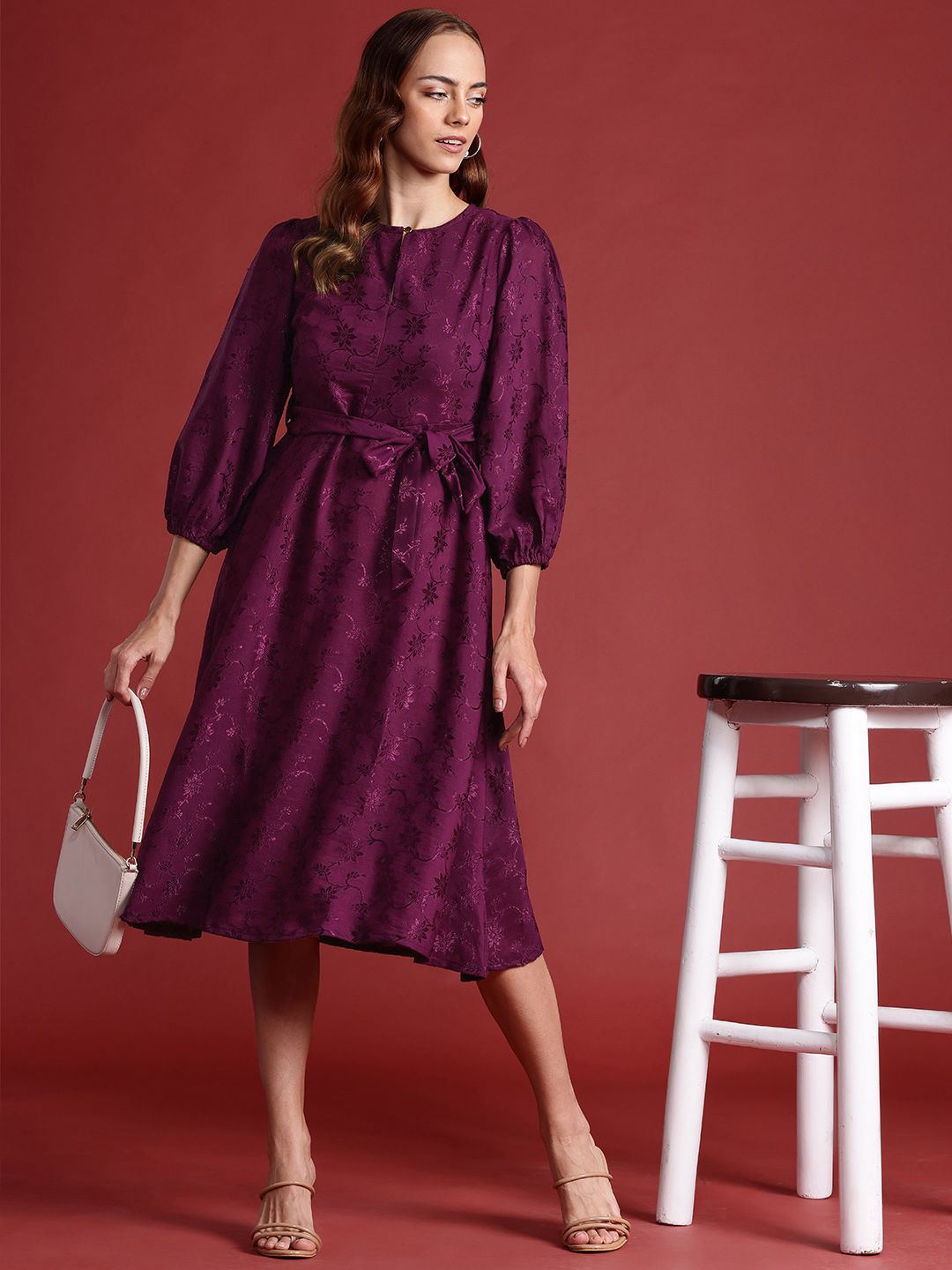 all about you Floral Print Embroidered Puff Sleeves A-Line Dress With Tie-Up Waist
