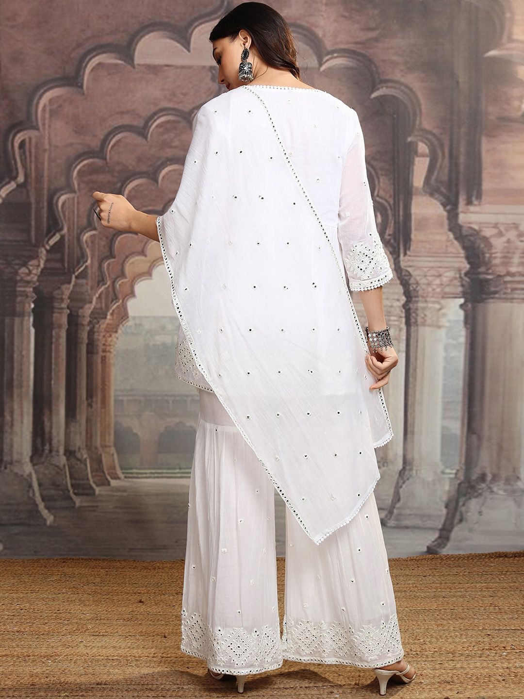 Vishudh White Embroidered Mirror Work Pure Cotton Kurta With Sharara & Dupatta