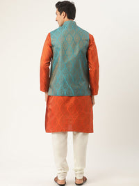 SOJANYA Kurta Motif Etnik Oren Lelaki dengan Jaket Churidar & Nehru
