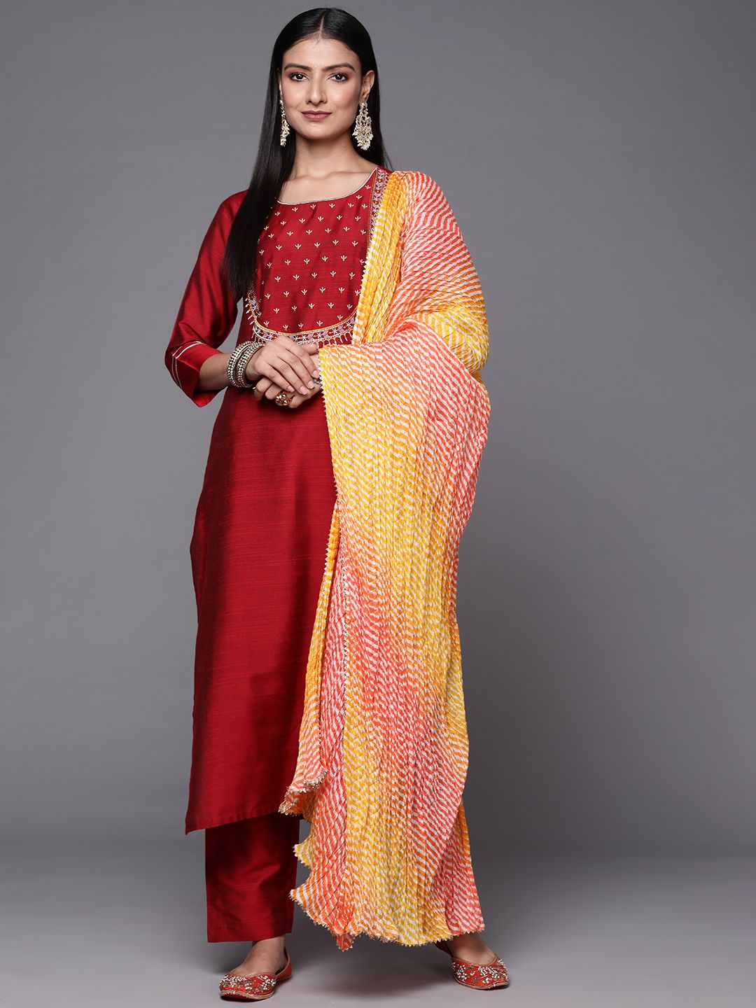 Varanga Women Maroon Ethnic Motifs Embroidered Kurta with Trousers & With Dupatta