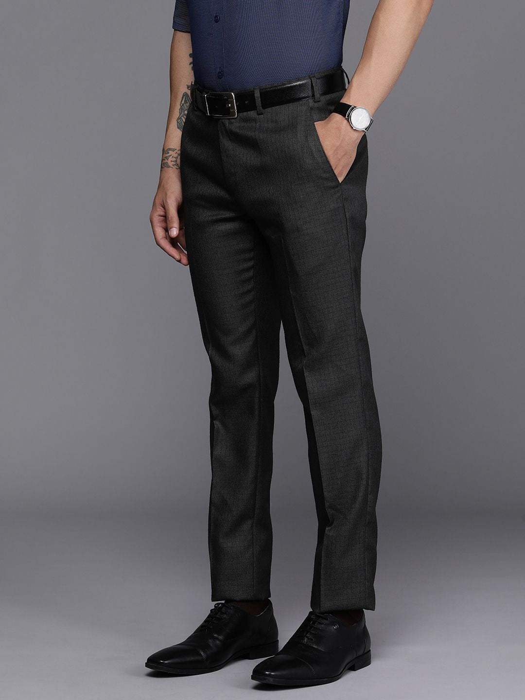 Raymond Men Checked Slim Fit Mid-Rise Formal Trousers