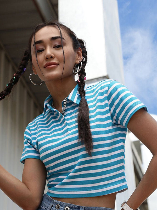 STREET 9 Women Turquoise Blue Polo Collar Pure Cotton Crop T-shirt