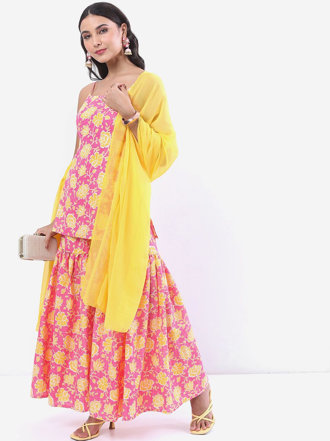 Vishudh Pink & Yellow Floral Printed Shoulder Straps Kurti With Sharara &  Dupatta