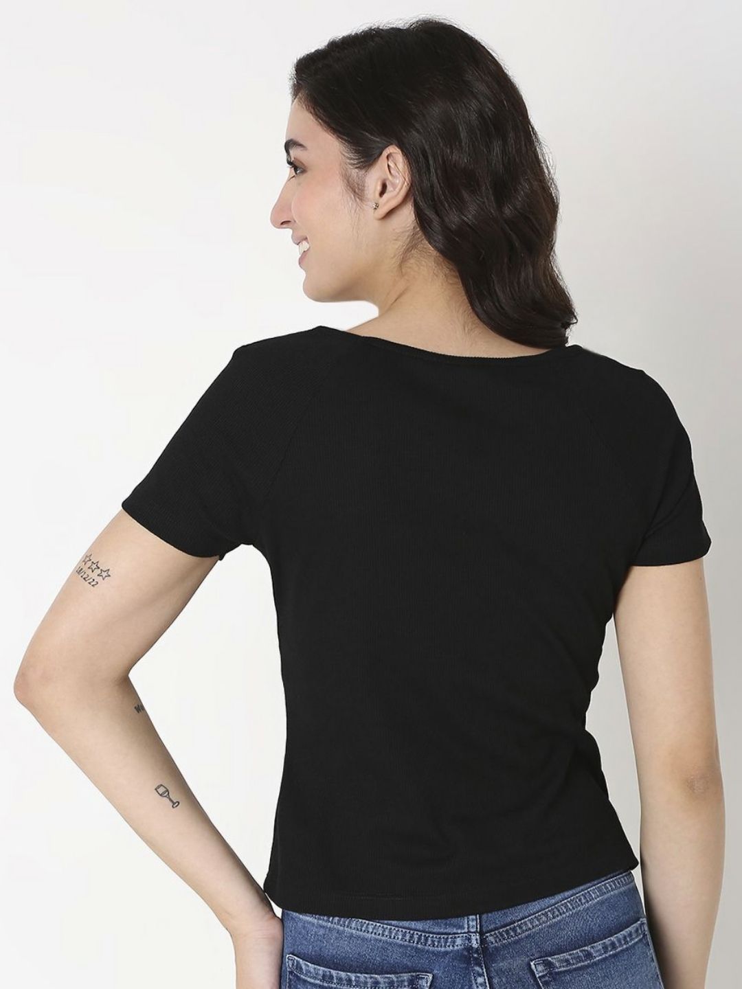 SPYKAR Women Solid V-Neck Cotton Slim Fit T-Shirt