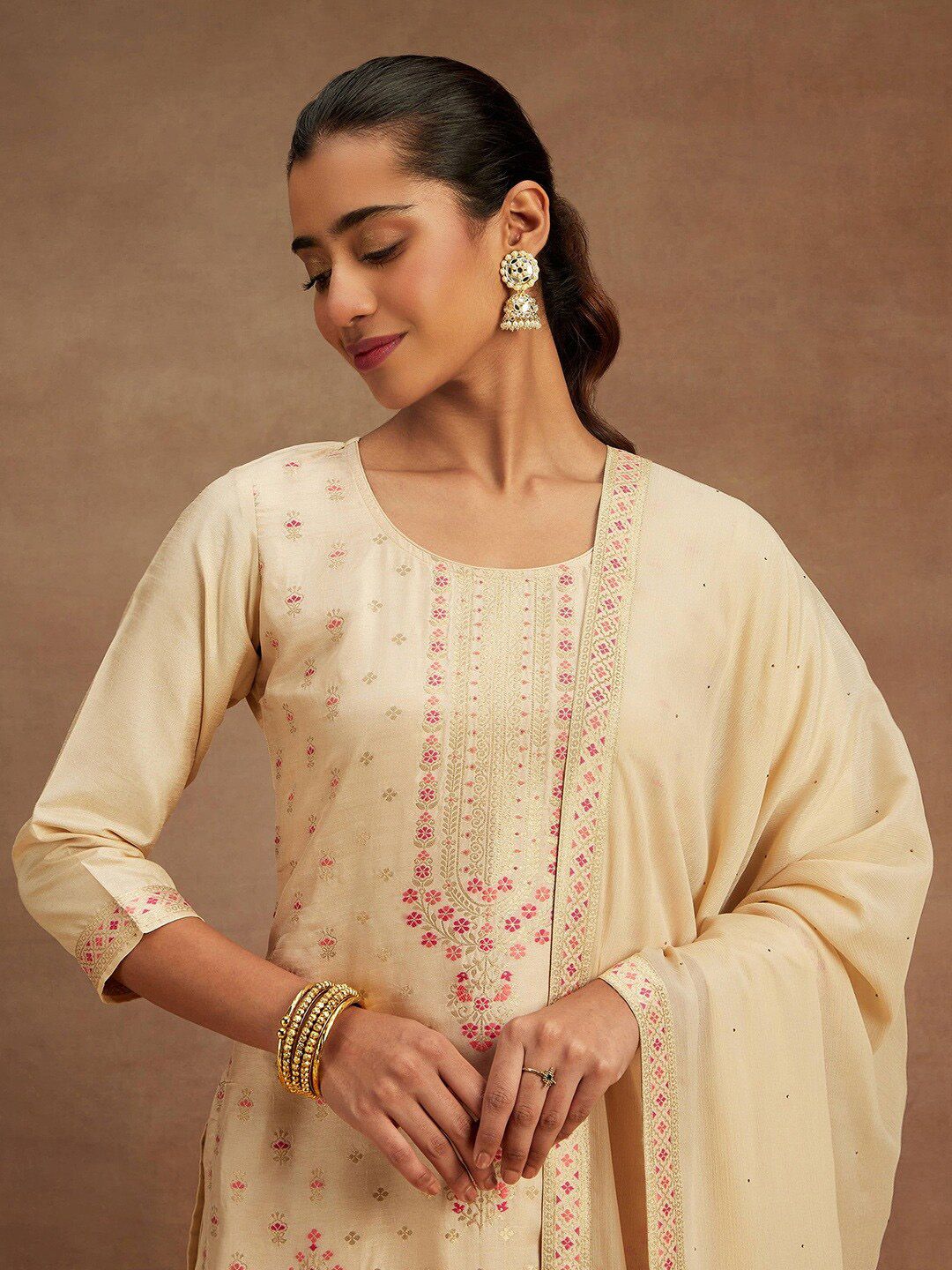Libas Beige Floral Woven Design Kurta with Trousers & With Dupatta