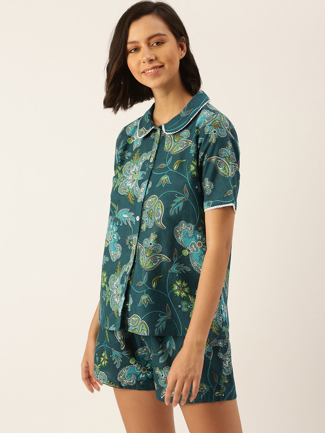 SANSKRUTIHOMES Women Green Pure Cotton Printed Shorts Set