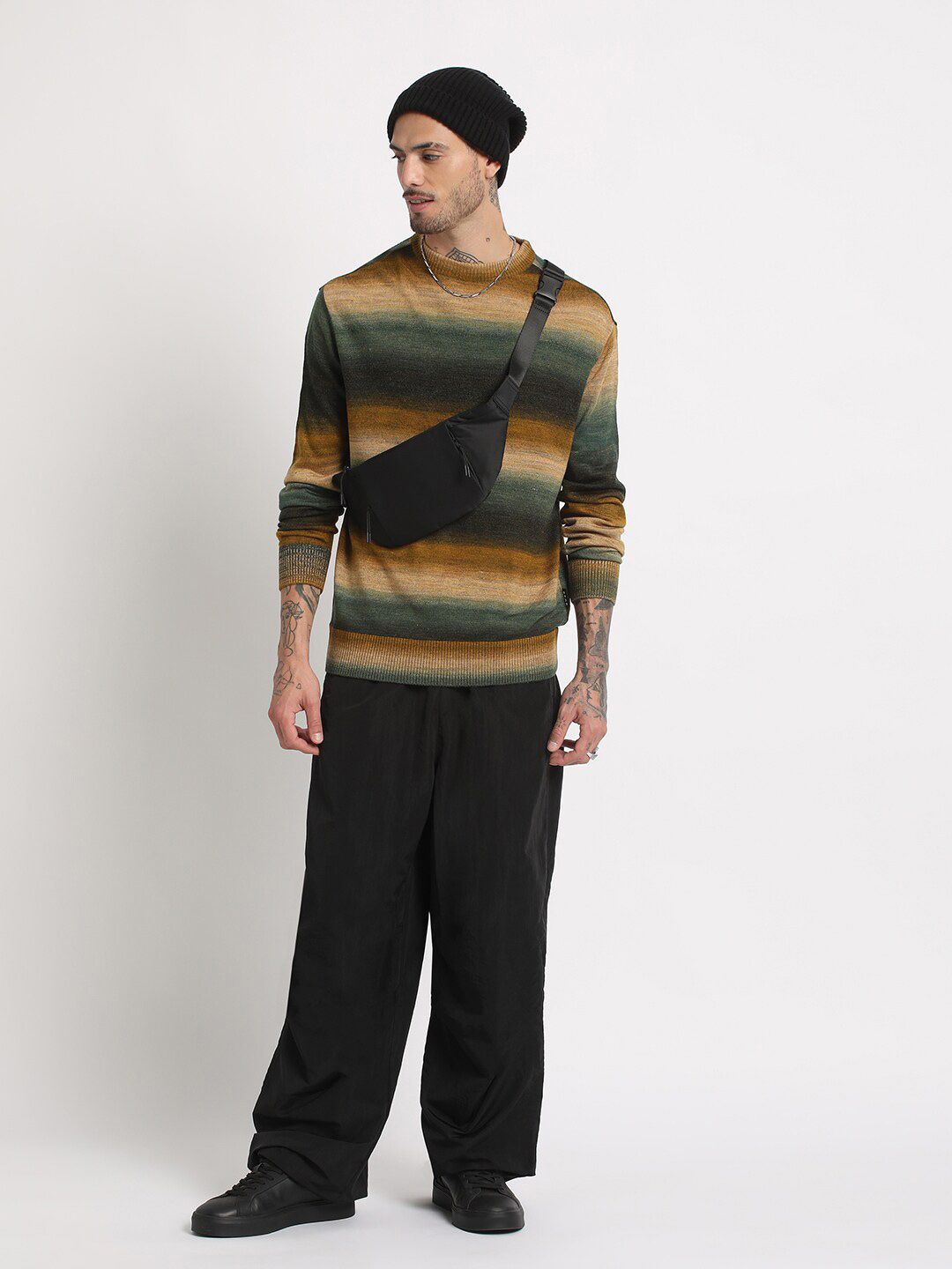 THE BEAR HOUSE Striped Drop-Shoulder Sleeves Acrylic Pullover Sweatshirt