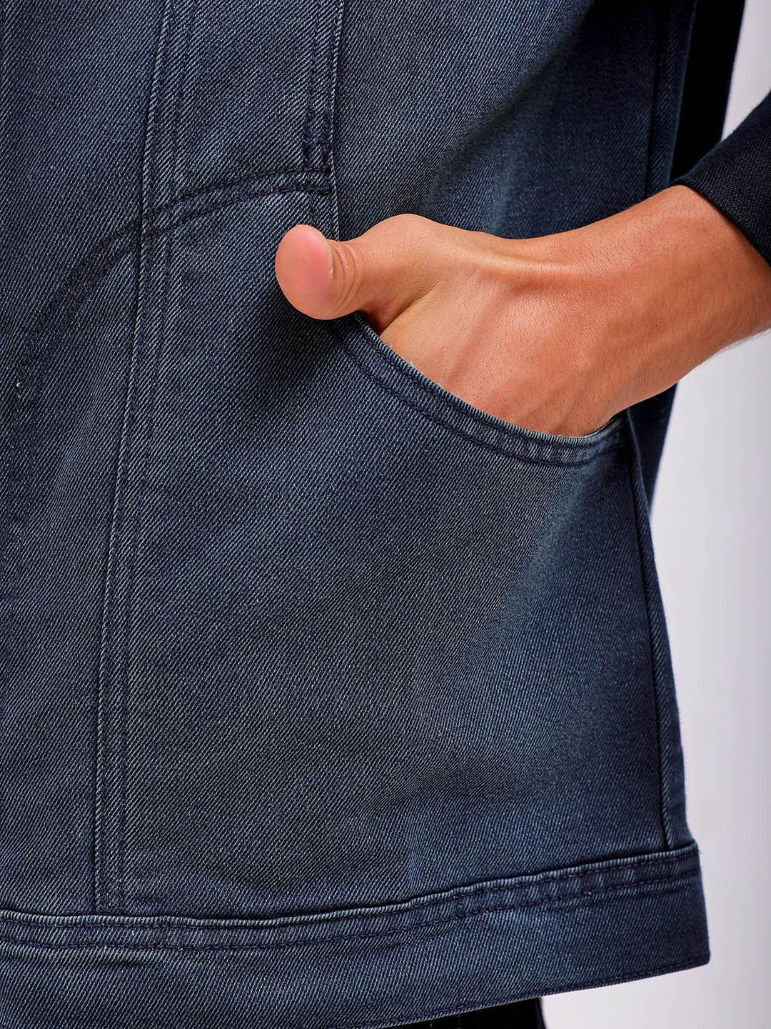 The Indian Garage Co Washed Checked Crop Denim Jacket with Patchwork