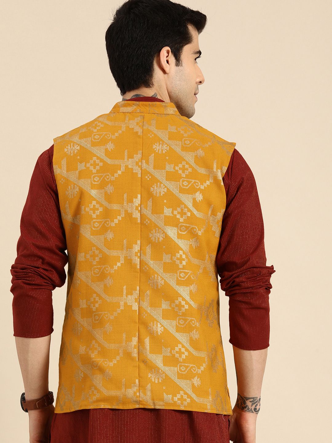 Anouk Men Mustard Yellow & Gold-Toned Printed Nehru Jacket