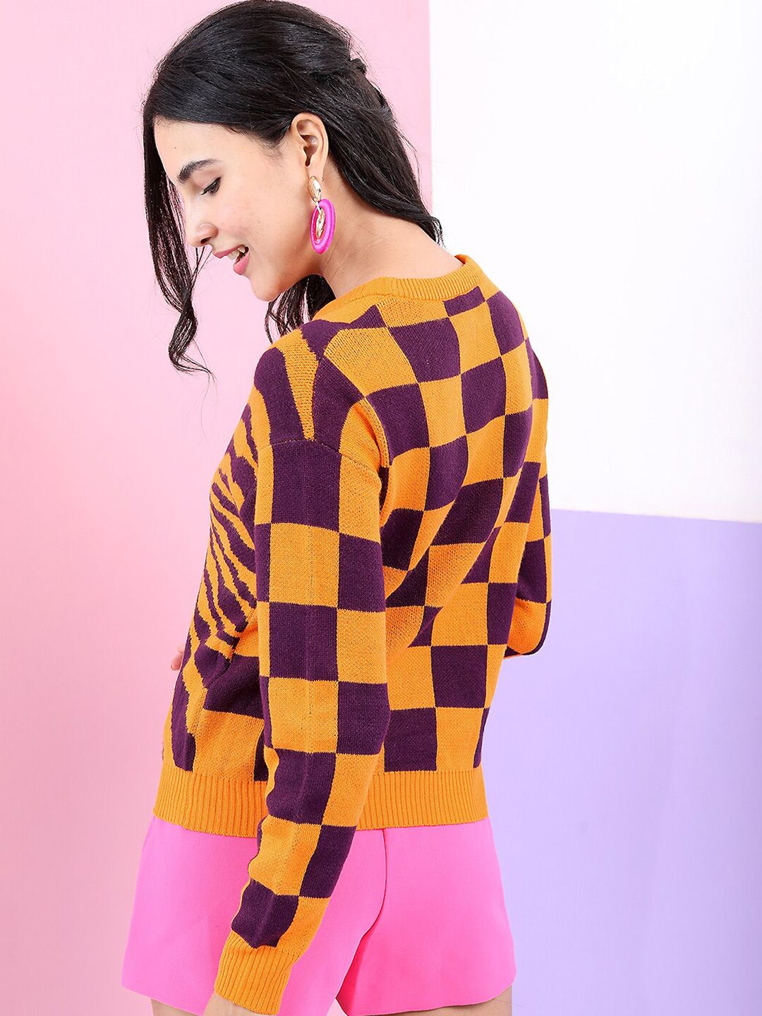 Tokyo Talkies Women Yellow & Purple Floral Jacquard Pullover Sweater