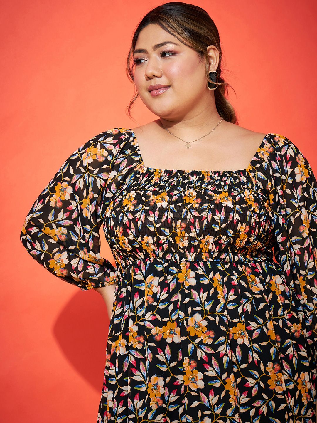 SASSAFRAS Curve Plus Size Black Floral Printed Smocked Georgette Fit & Flare Dress