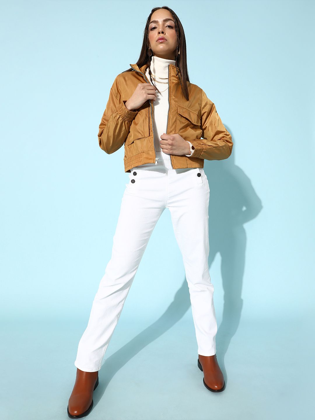 DressBerry Women Stylish Mustard Solid Bomber Jacket