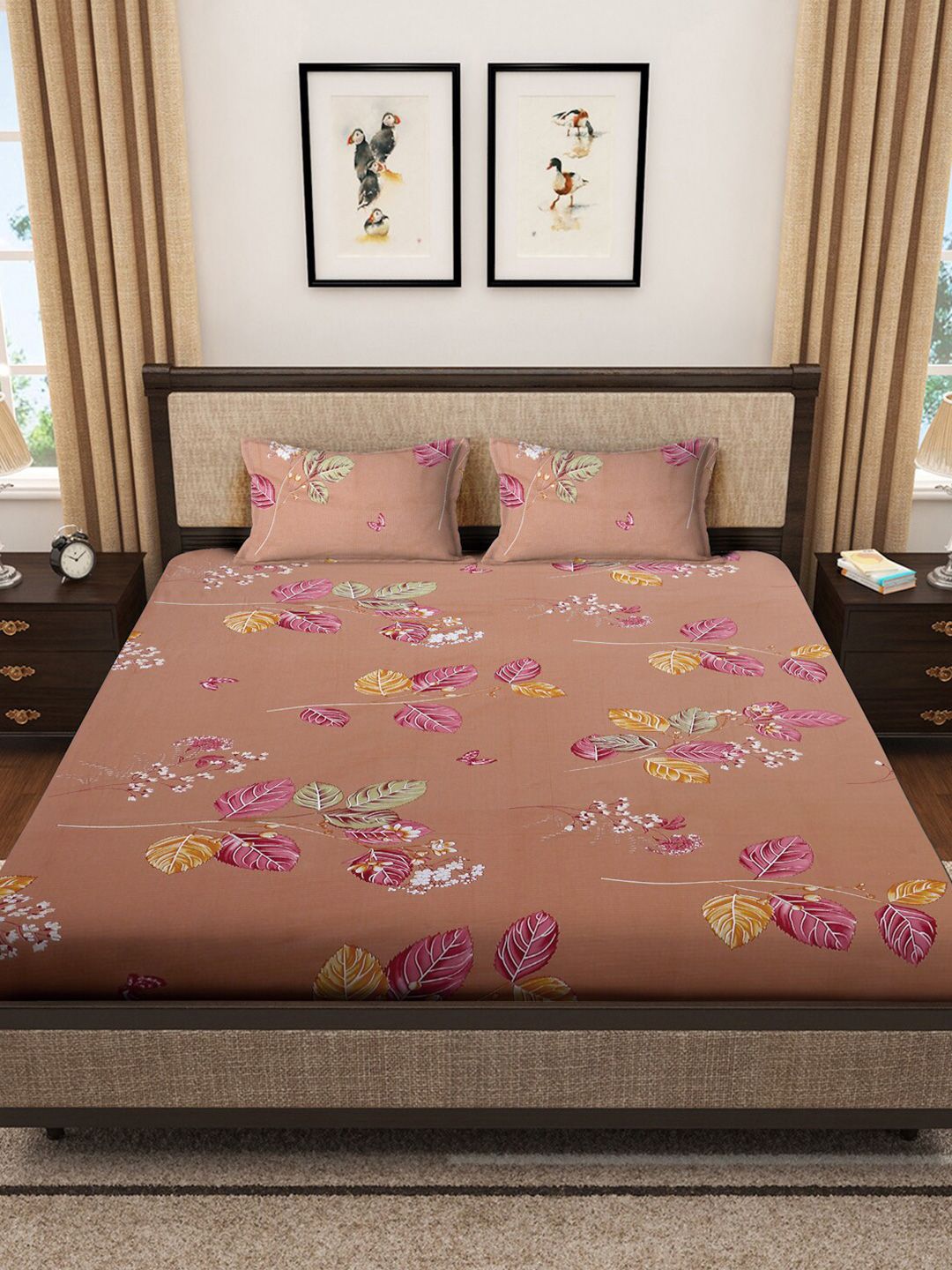KLOTTHE Beige Leaf Cotton 400 TC King Superfine Bedsheet dengan 2 Sarung Bantal-250 x 225 cm