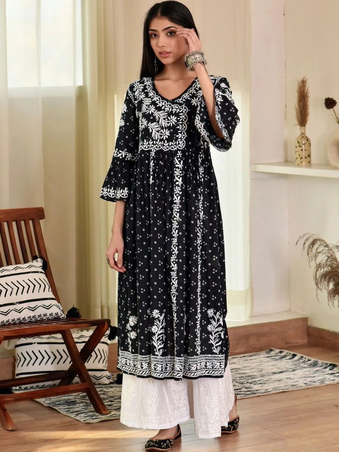 House of Chikankari Women Ethnic Motifs Printed Flared Sleeves Indie Prints Kurta