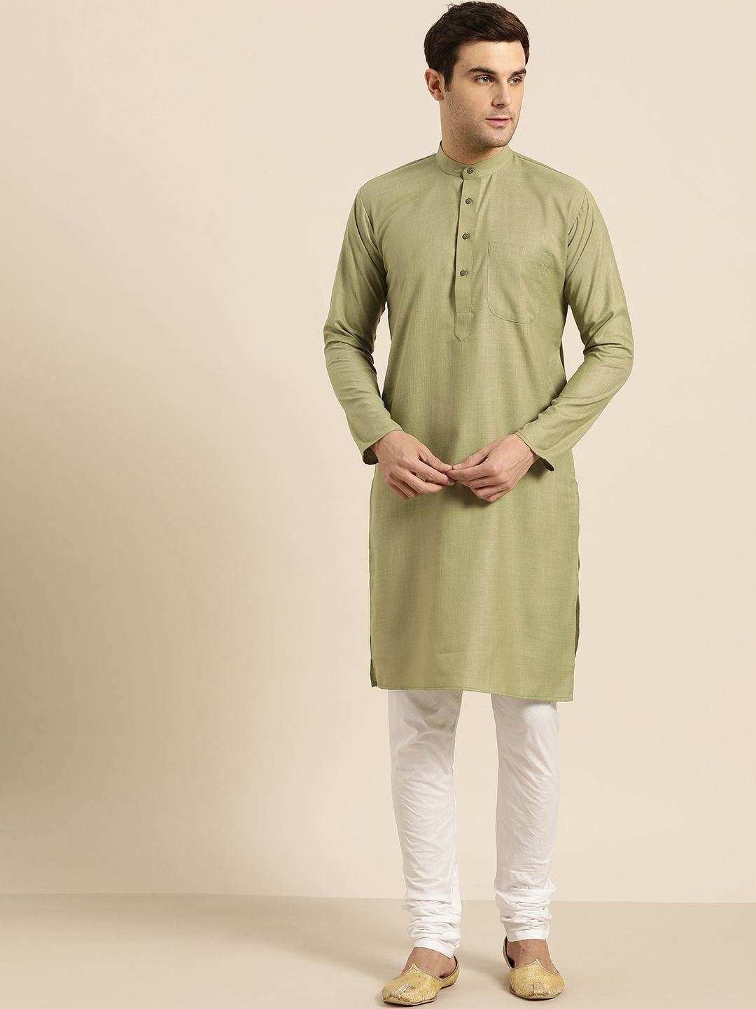 SOJANYA Men Green Solid Straight Kurta