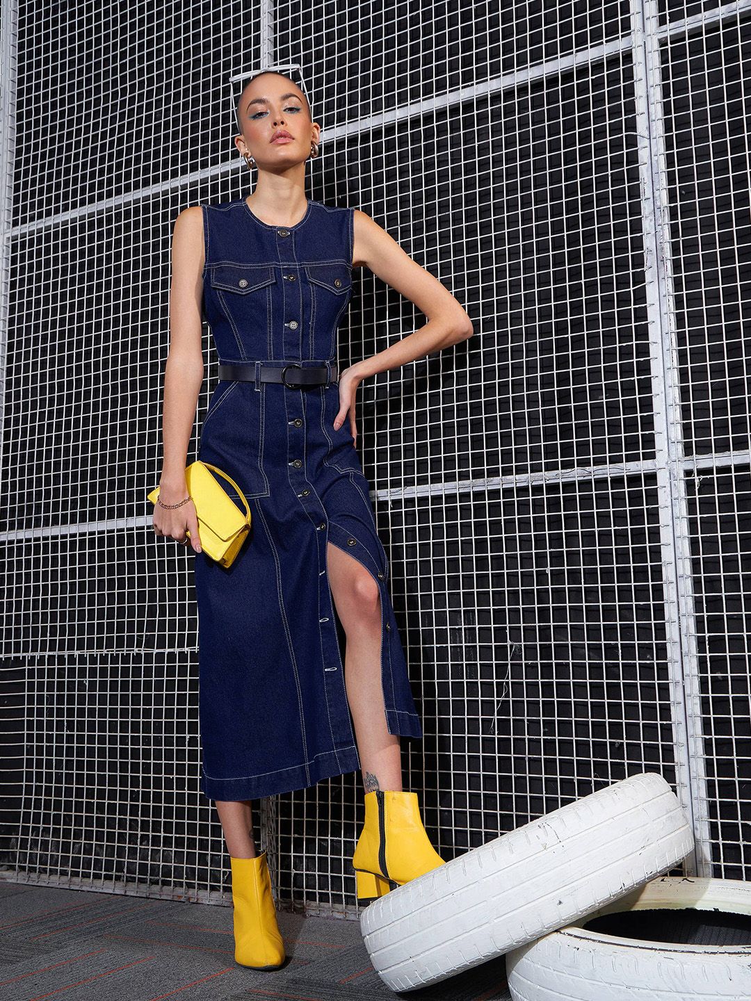 SASSAFRAS Navy Blue Cut-Out Denim A-Line Midi Dress