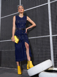 SASSAFRAS Navy Blue Cut-Out Denim A-Line Midi Dress
